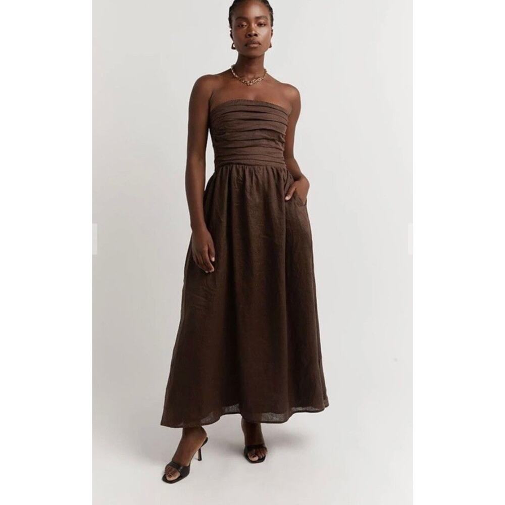 DISSH Aubriella Burnt Choc Linen Strapless Midi Dress US 8 Brown - Picture 3 of 10